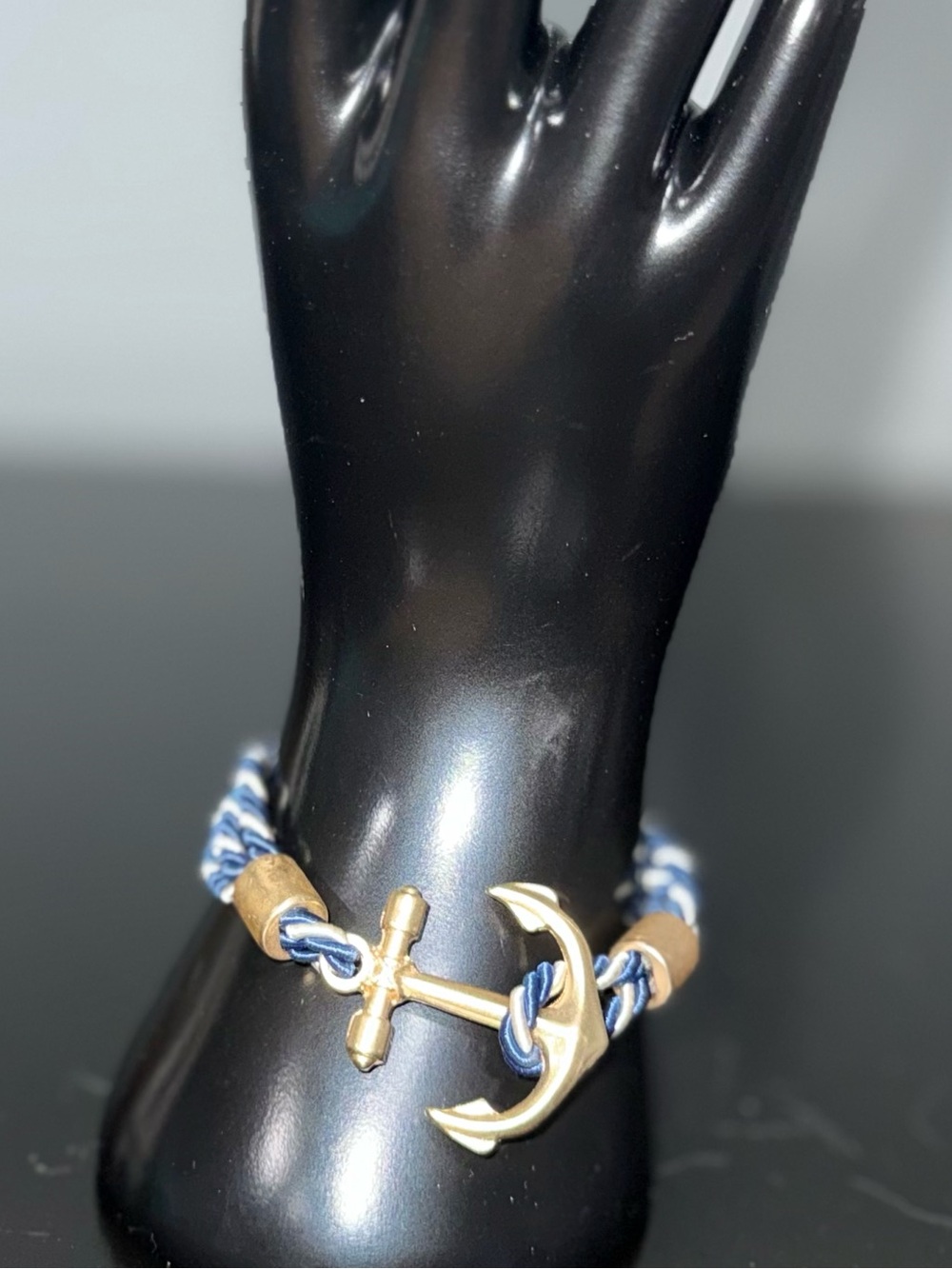 Navy and White Rope Bracelet with Gold Anchor Accent